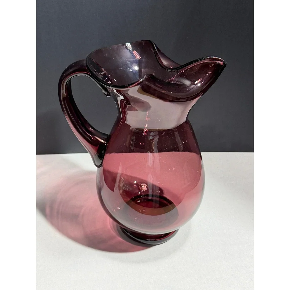 Amethyst Purple Hand Blown Glass‎ Pitcher Tri-Corner Ruffled Rim Vintage Plum